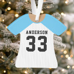 Personalized Blue Baseball Jersey Ornament<br><div class="desc">Celebrate your baseball star with this personalized blue and white pinstripe jersey ornament. Perfect for commemorating a special season,  player,  or team. Customize it with a name and number to create a unique keepsake.</div>