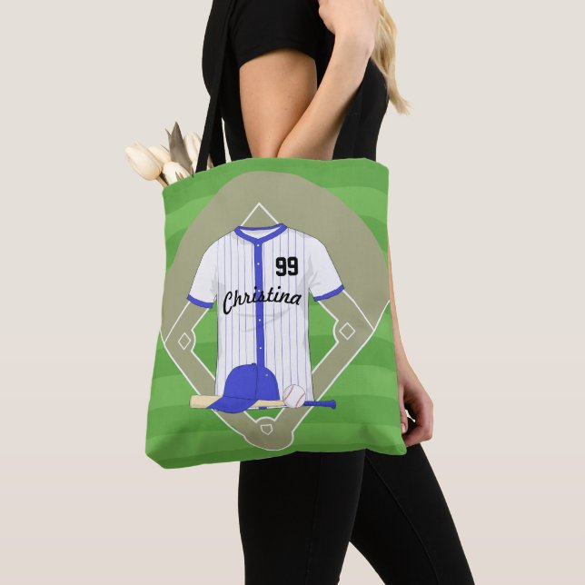 Personalized blue baseball tote bag (Close Up)