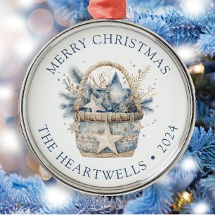 Personalized Blue Basket Merry Christmas Metal Ornament