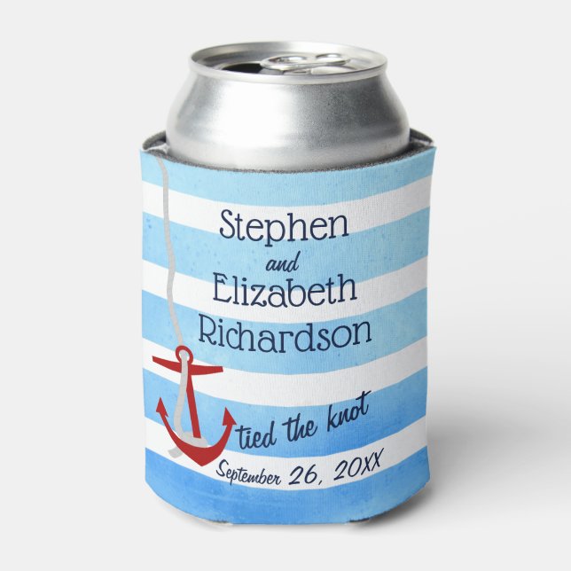 Personalized Blue Beachy Red Anchor Can Cooler (Can Front)