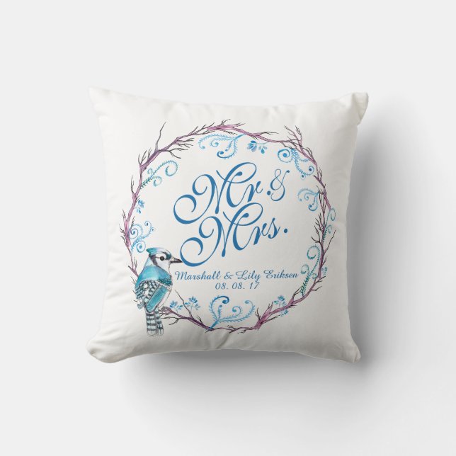 Personalized Blue Bird and Floral Wedding Pillow (Front)