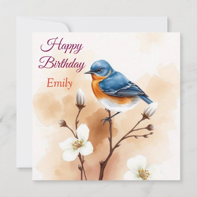 Personalized Blue Bird Flowers Watercolor birthday Card (Front)