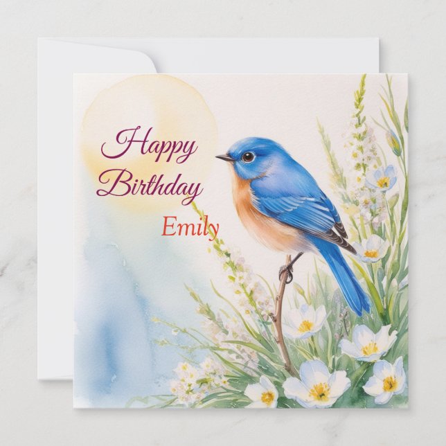 Personalized Blue Bird Flowers Watercolor birthday Card (Front)