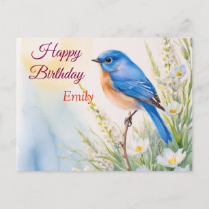 Personalized Blue Bird Flowers Watercolor birthday Postcard