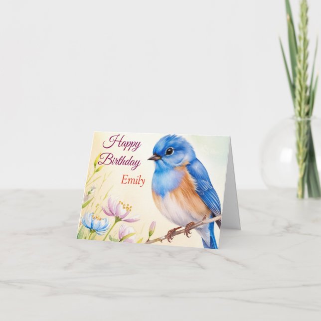 Personalized Blue Bird Spring Flowers Watercolor Card (Front)