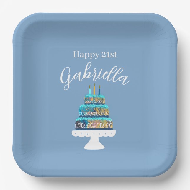 Personalized Blue Birthday Cake Paper Plate (Front)