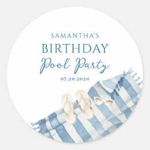 Personalized Blue Birthday Pool Party Classic Round Sticker