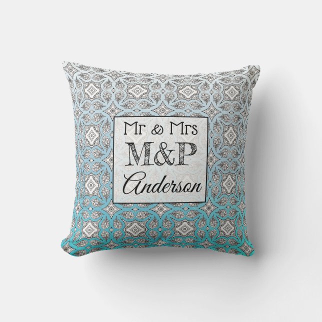 Personalized Blue & Black Mandala Wedding Pillow (Front)