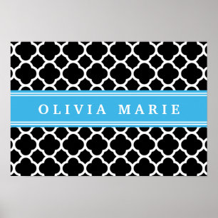 Personalized Blue Black Quatrefoil Pattern Poster