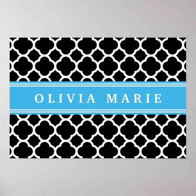 Personalized Blue Black Quatrefoil Pattern Poster (Front)