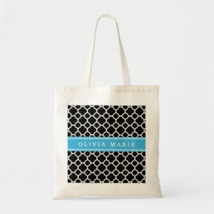 Personalized Blue Black Quatrefoil Pattern Tote Bag