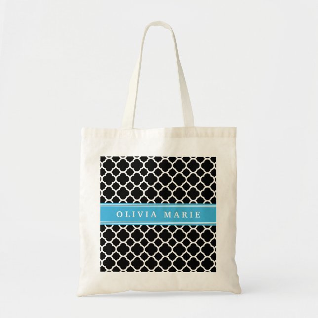 Personalized Blue Black Quatrefoil Pattern Tote Bag (Front)