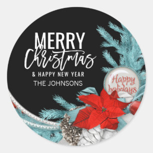 Personalized BLUE Black Red MERRY CHRISTMAS Classic Round Sticker