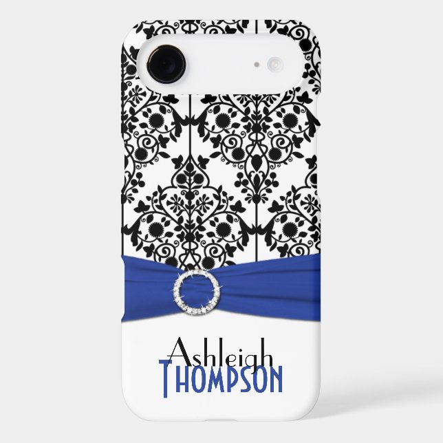 Personalized Blue, Black, White Damask Case-Mate iPhone Case (Back)