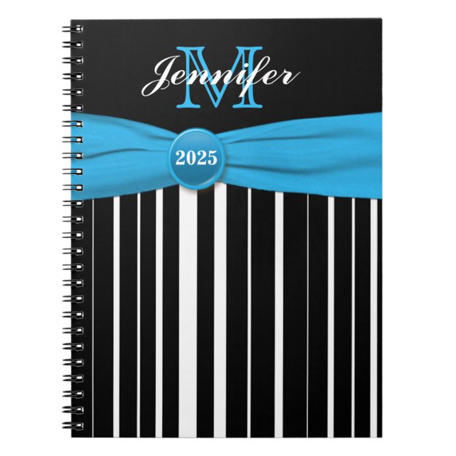Personalized Blue Black White Striped Notebook (Front)