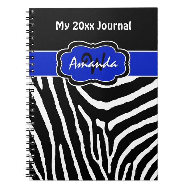 Personalized Blue Black White Zebra Stripe Journal (Front)