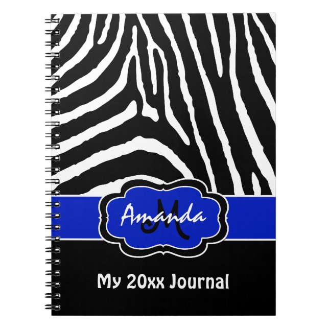 Personalized Blue Black White Zebra Stripe Journal (Front)