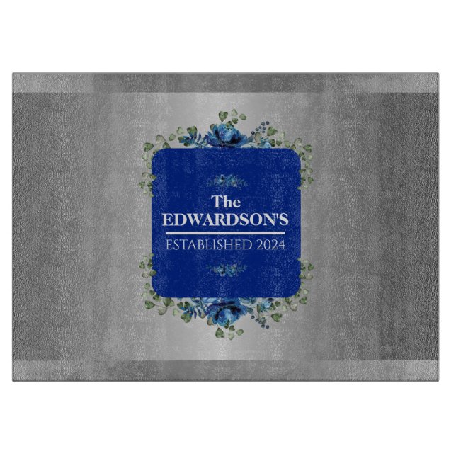 Personalized Blue Bloom: Metallic Silver Floral  Cutting Board (Front)