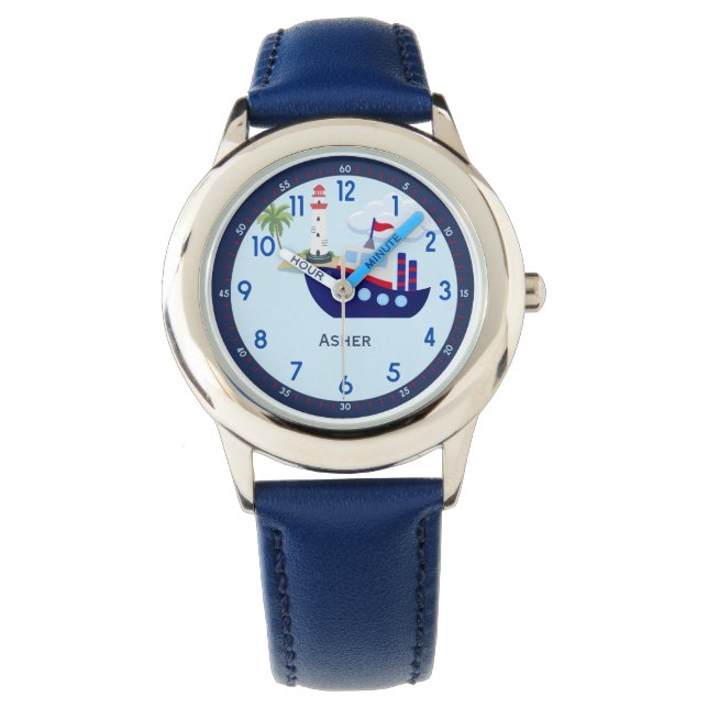 Personalized Blue Boat Learn To Tell The Time Watch (Front)