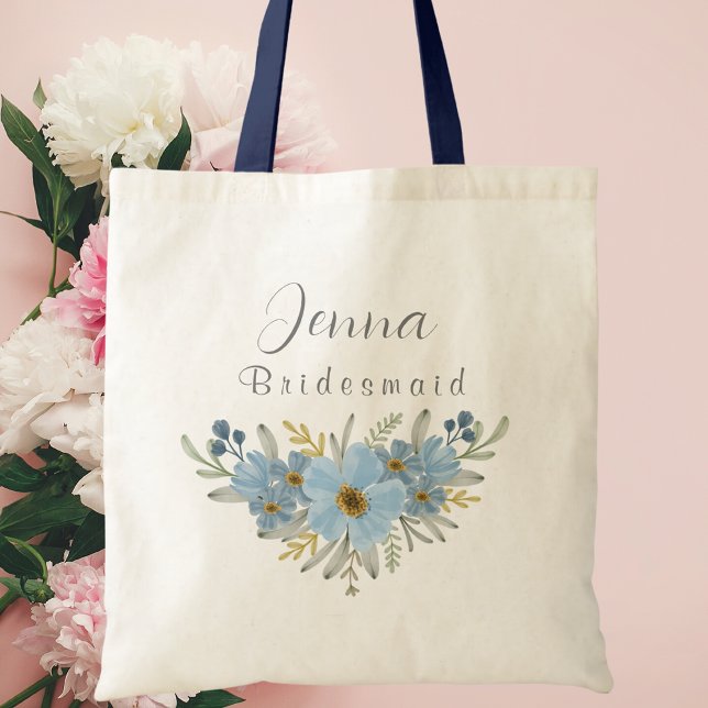 Personalized Blue Botanical Floral Bridesmaid  Tote Bag (Creator Uploaded)