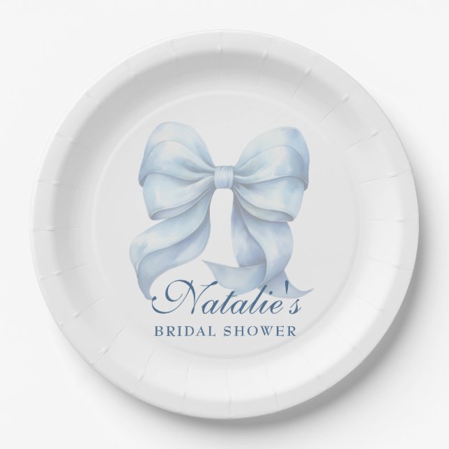 Personalized Blue Bow Bridal Shower Fancy Paper Plate (Front)