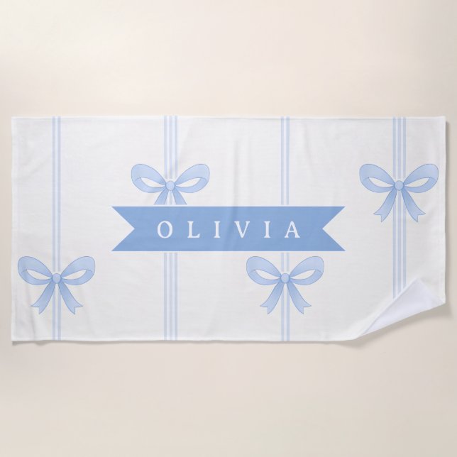 Personalized Blue Bow Coquette Name Aesthetic Beach Towel (Front)