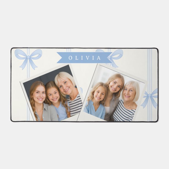 Personalized Blue Bow Coquette Name Aesthetic Desk Mat (Front)