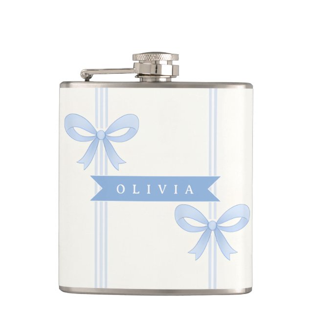 Personalized Blue Bow Coquette Name Aesthetic Hip Flask (Front)