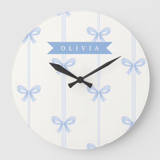 Personalized Blue Bow Coquette Name Aesthetic Large Clock (Front)