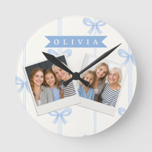 Personalized Blue Bow Coquette Name Aesthetic Round Clock