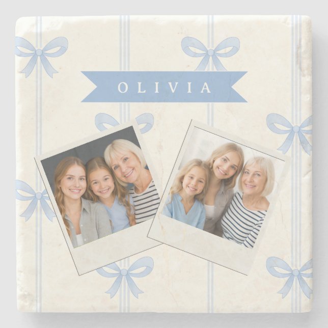 Personalized Blue Bow Coquette Name Aesthetic Stone Coaster (Front)