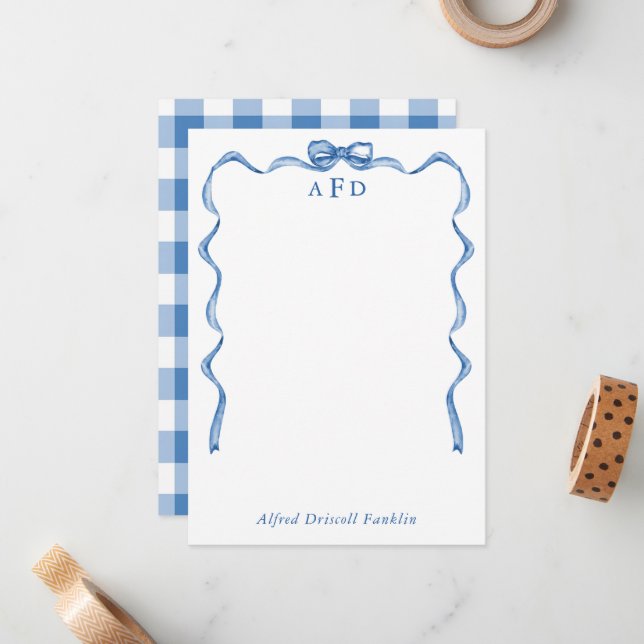 Personalized Blue Bow Gingham New Baby Stationery Card (Front/Back In Situ)