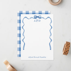 Personalized Blue Bow Gingham New Baby Stationery Card