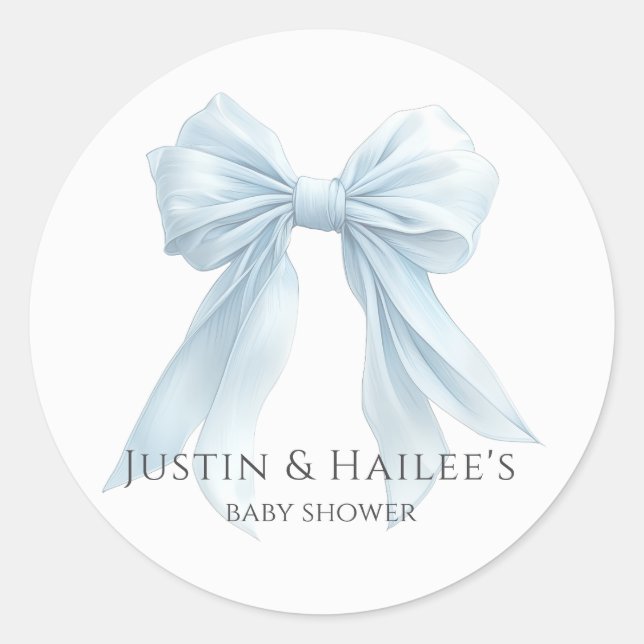 Personalized Blue Bow Girl Coquette Baby Shower Classic Round Sticker (Front)