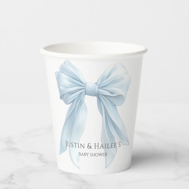 Personalized Blue Bow Girl Coquette Baby Shower Paper Cups (Front)