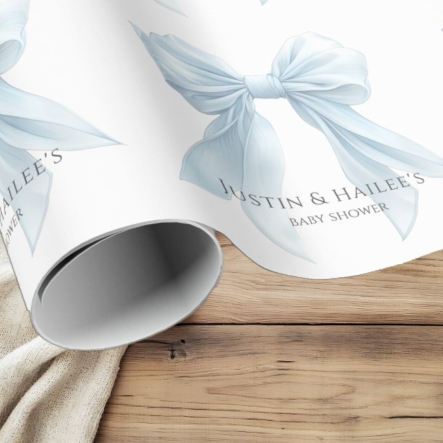 Personalized Blue Bow Girl Coquette Baby Shower Wrapping Paper (Creator Uploaded)