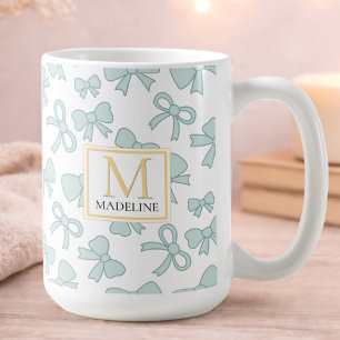 Personalized Blue Bow Girl Cute Gold Monogram Name Coffee Mug