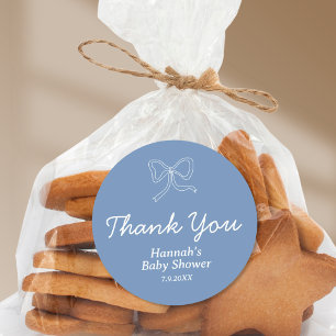 Personalized Blue Bow Ribbon Baby Shower Favour Classic Round Sticker