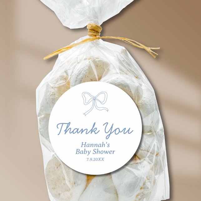 Personalized Blue Bow Ribbon Baby Shower Favour Classic Round Sticker (Personalized Blue Bow Ribbon Baby Shower Favor Classic Round Sticker
)