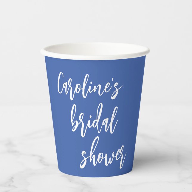 Personalized Blue Bridal Shower Script Modern Chic Paper Cups (Front)