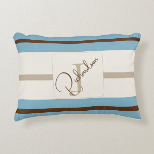 Personalized Blue Brown Stripe Monogram Coastal Accent Pillow