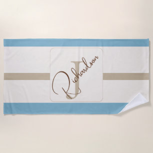 Personalized Blue Brown Stripe Monogram Coastal Beach Towel