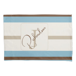 Personalized Blue Brown Stripe Monogram Coastal Pillowcase