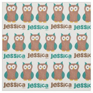 Personalized Blue Brown Wise Old Owl Bird Print Fabric