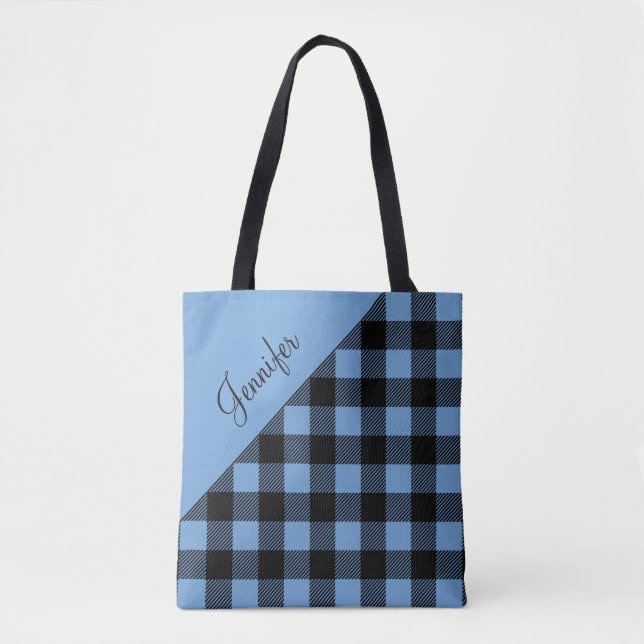  Personalized Blue Buffalo Plaid Tote Bag (Front)