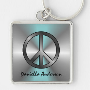 Personalized: Blue Burst Peace Sign Keychain