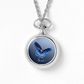Personalized Blue Butterfly Necklace Watch