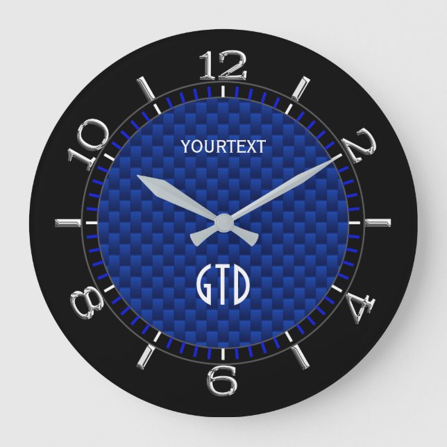 Personalized Blue Carbon Fibre Like Print Large Clock (Front)