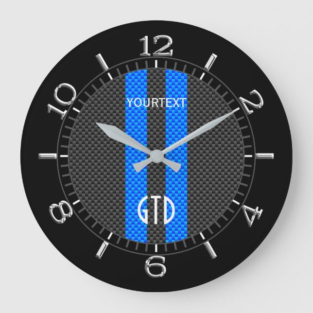 Personalized Blue Carbon Style Racing Stripes on a Large Clock (Front)