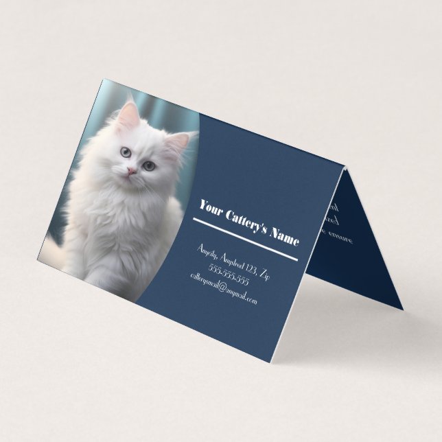 Personalized Blue Cattery Fold Business Card (Front)